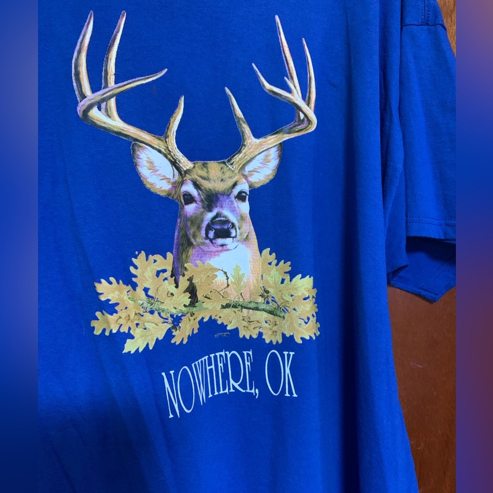 Men’s “Nowhere, Oklahoma” deer tee shirt. Blue 2X Jerzees heavy weight blend.